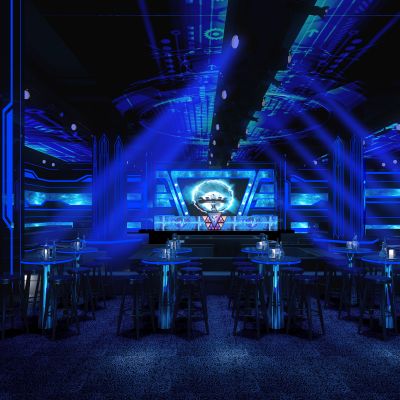 现代酒吧 吧台 桌椅 绿植 灯具 舞台 科技