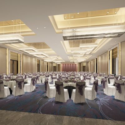 新中式宴会厅 吊灯 餐桌椅 双开门