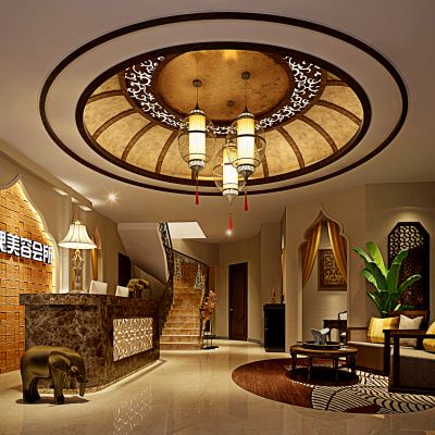 东南亚SPA大厅 SPA会所 前台 吊灯 椅子 窗帘