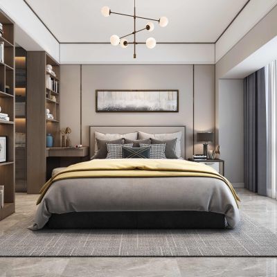 现代时尚主卧室 现代床 书桌椅 衣柜 挂画 吸顶灯 床头柜