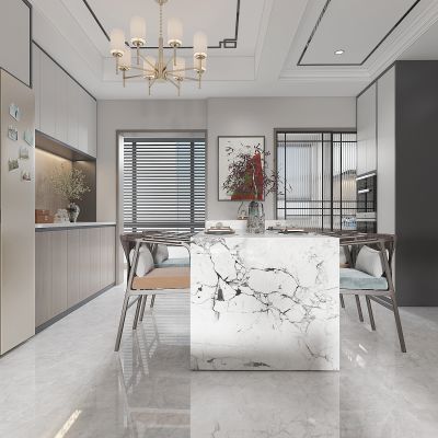 新中式开放式厨房餐厅，橱柜，茶水柜，冰箱，餐桌岛台，酒柜，长虹玻璃推拉门