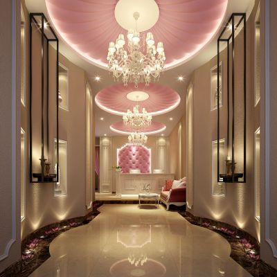 简欧SPA会所 沙曼 软包 吊灯 前台