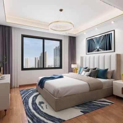 后现代轻奢港式卧室 双人床 电视柜 床头柜 吊灯