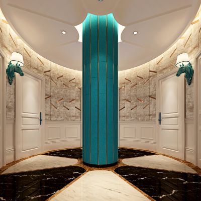 简欧酒店过道 酒店玄关 柱子 壁灯