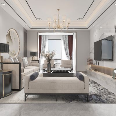 新中式客厅，沙发造型背景墙，电视背景墙，沙发茶几组合