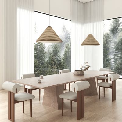 现代简约别墅餐厅 餐椅 餐桌 木头吊灯 白色纱帘3D模型