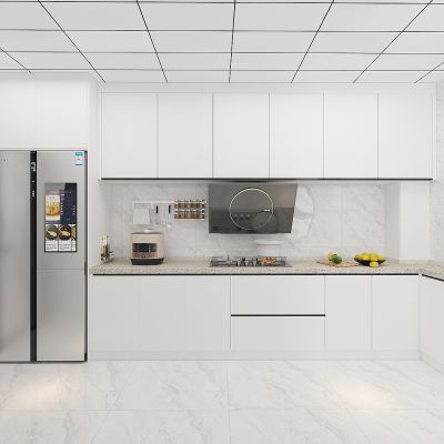 现代厨房，L形橱柜，双开门冰箱，烟机灶具，厨房用品