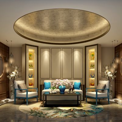 新中式美容院 沙发 椅子 窗帘 屏风 吊灯