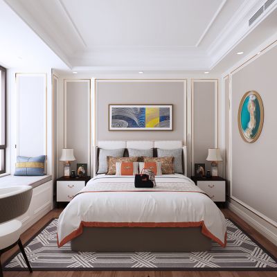 简欧轻奢卧室 台灯 飘窗 地毯 窗帘 装饰画