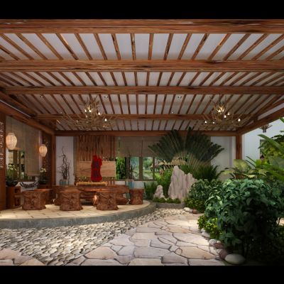 中式民宿 休闲茶室室内花园 卧室