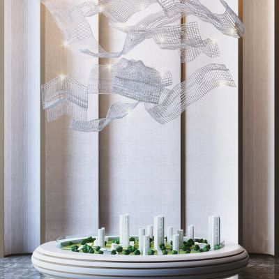 现代售楼部 圆形沙盘 大型吊灯组合