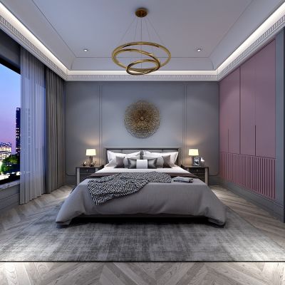 现代轻奢卧室 挂画 床 台灯 吊灯 地毯 窗帘