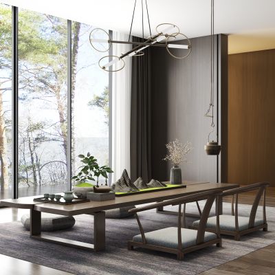 新中式禅意茶桌椅 吊灯 茶具 饰品组合