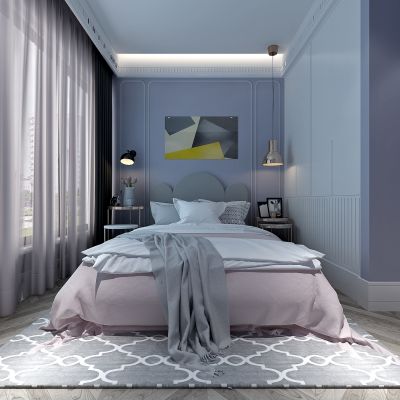 现代男孩卧室 窗帘 地毯 床 挂画 壁灯 衣柜