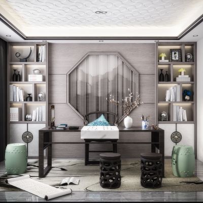 新中式榻榻米书房 茶室 书柜