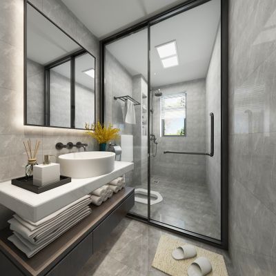 现代卫生间浴室 镜子 浴缸 玻璃隔断 淋浴间