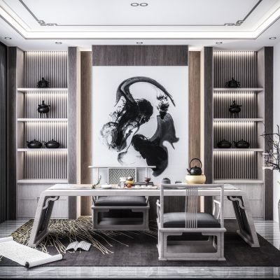 新中式书房 茶室 书柜