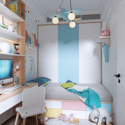 现代北欧风格 儿童房 榻榻米床 书桌 书柜