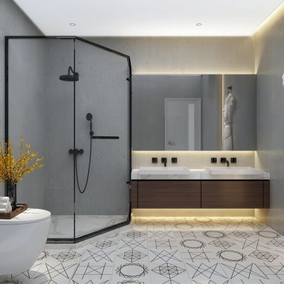 现代简约卫生间 花洒 淋浴房 台上盆 浴室柜 挂墙马桶 毛巾架