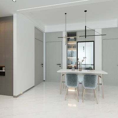 现代进门玄关，餐厅，鞋柜，餐桌，通顶门，餐厅吊灯，冰箱酒柜一体柜