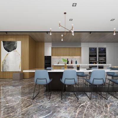 现代开放式厨房 橱柜 餐桌椅 吊灯