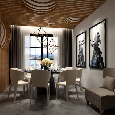 现代包间 简约金属吊灯 餐桌椅 装饰画