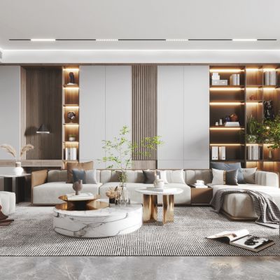 现代客厅餐厅，沙发，餐桌，电视柜