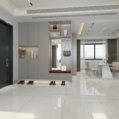 现代进门玄关，鞋柜，无主灯餐厅，餐桌，厨房长虹玻璃推拉门，入户防盗门