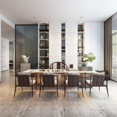 新中式茶室 书房 书桌 椅子茶具 书柜