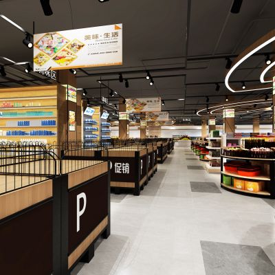 现代百货超市 商品货架 收银区 外租区