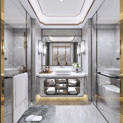 新中式卫生间 浴室 壁灯 淋浴房 洁具 马桶