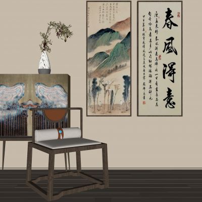 新中式装饰画|装饰字画|水墨装饰画|单椅|绿植|装饰柜