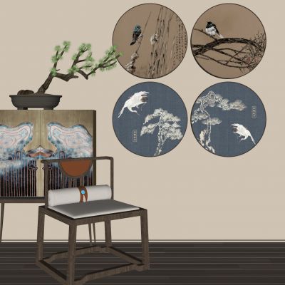 新中式装饰画|装饰字画|水墨装饰画|单椅|绿植|装饰柜