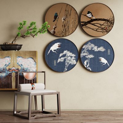 新中式装饰画|装饰字画|水墨装饰画|单椅|绿植|装饰柜