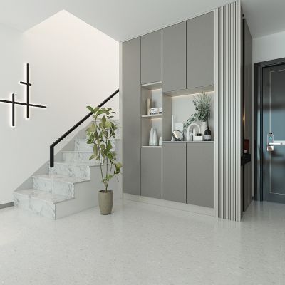 现代单身公寓进门玄关鞋柜，楼梯储物柜，楼梯，楼梯墙面灯，入户防盗门