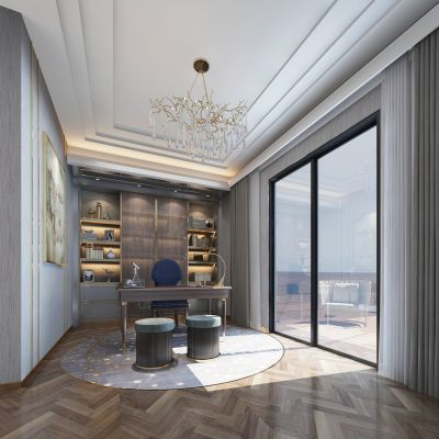 现代简约书房 吊灯 挂画 书柜 书桌 凳子