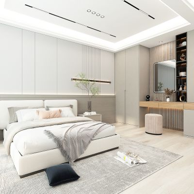 现代卧室，主卧，次卧，客卧，卧室造型背景墙，双人床，梳妆台衣柜一体柜