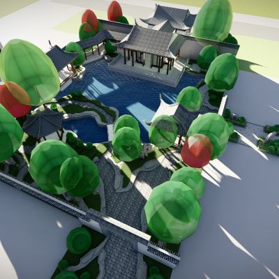 中式园林景观 景观凉亭 水景观 别墅区中心景观