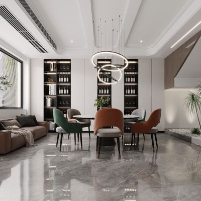 现代餐厅，轻奢餐厅，餐厅，餐桌，酒柜，