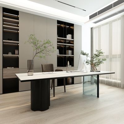 现代卧室书房，书柜，书架，书桌，老板台，窗帘