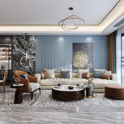 现代轻奢客厅，沙发背景墙，沙发茶几组合