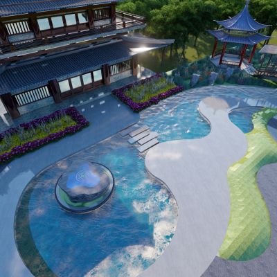 现代示范区 古代建筑 长廊 亭子)