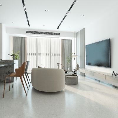 现代单身公寓无主灯客餐厅，简易客厅电视背景墙，休闲沙发，餐桌岛台