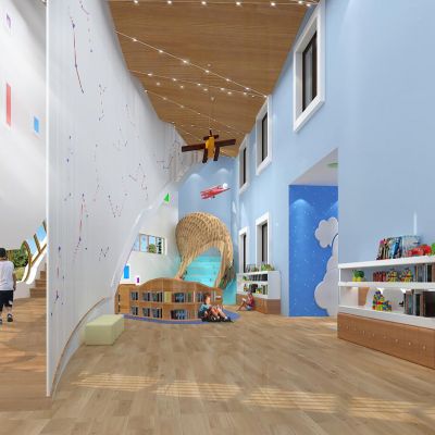 现代幼儿园图书馆 书架 楼梯 攀岩