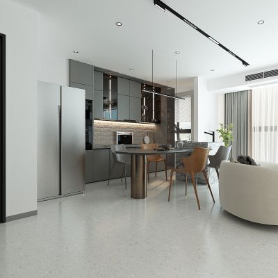 现代单身公寓敞开式厨房餐厅岛台，冰箱，客厅休闲沙发，窗帘，长虹玻璃门