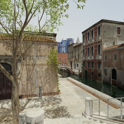 简欧威尼斯水镇 水路 河 石桥 小镇 房屋 树 阶梯 门 欧式建筑 建筑