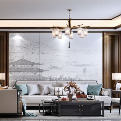 新中式客餐厅，沙发茶几组合