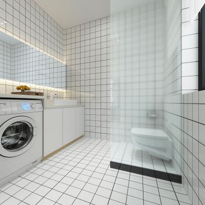 北欧卫生间 洗衣机 马桶 玻璃隔断 镜子