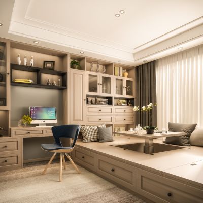 现代榻榻米 书房 卧室 榻榻米 书桌 单椅 书柜 衣柜 书桌