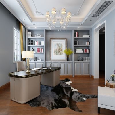 美式别墅书房 窗帘 护墙板 书桌 书架 装饰画 水晶吊灯